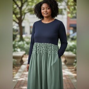 Umgee L Navy Animal Print and Green Tiered Dress